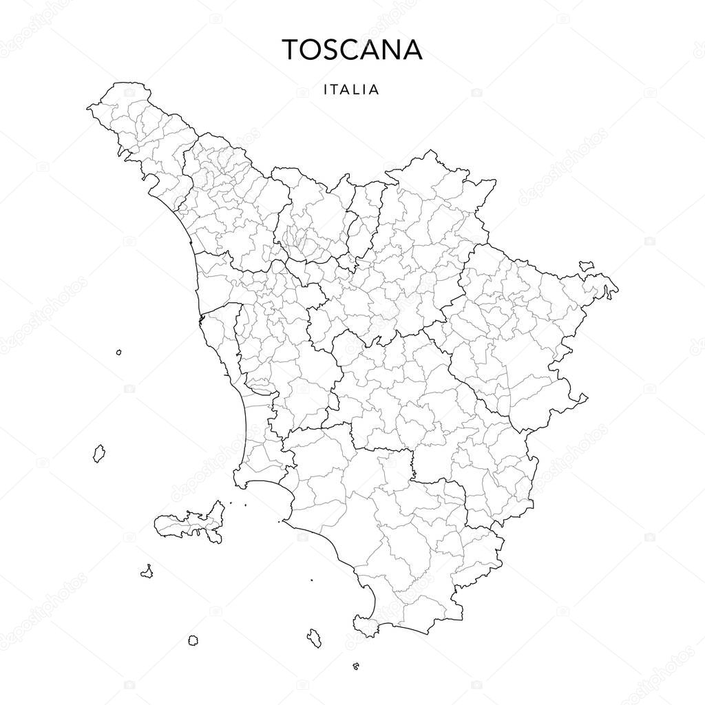 Vector Map of the Geopolitical Subdivisions of the Region of Tuscany (Toscana) with Provinces and Municipalities (Comuni) as of 2022 - Italy