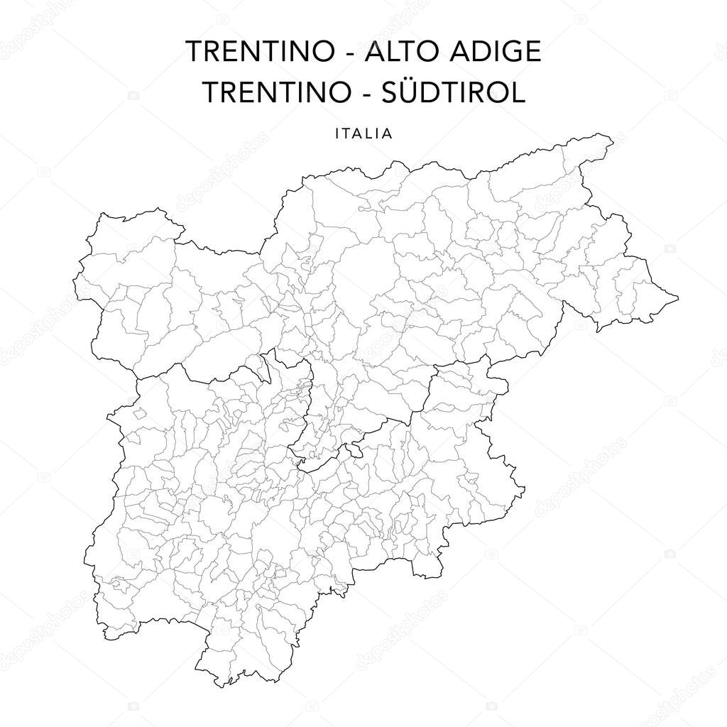 Vector Map of the Geopolitical Subdivisions of the Region of Trentino-Alto Adige or Trentino Sdtirol with Provinces and Municipalities (Comuni) as of 2022 - Italy