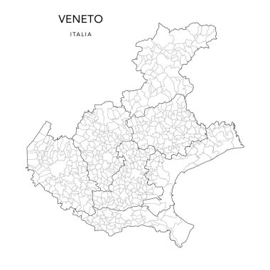 Veneto Bölgesi 'nin Jeopolitik Alt Bölgelerinin Vektör Haritası veya İl ve Belediyeler (Comuni) 2022 - İtalya