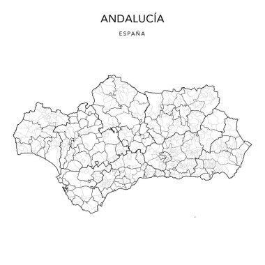 Geopolitical Vector Map of the Autonomous Community of Andalusia (Andalucia) with Provinces, Judicial Areas, Comarques and Municipalities (Municipios) as of 2022 - Spain
