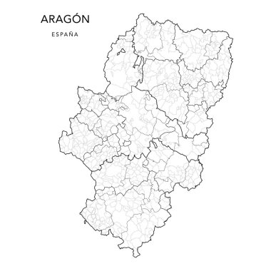 Geopolitical Vector Map of the Autonomous Community of Aragon with Provinces, Judicial Areas, Comarques and Municipalities (Municipios) as of 2022 - Spain