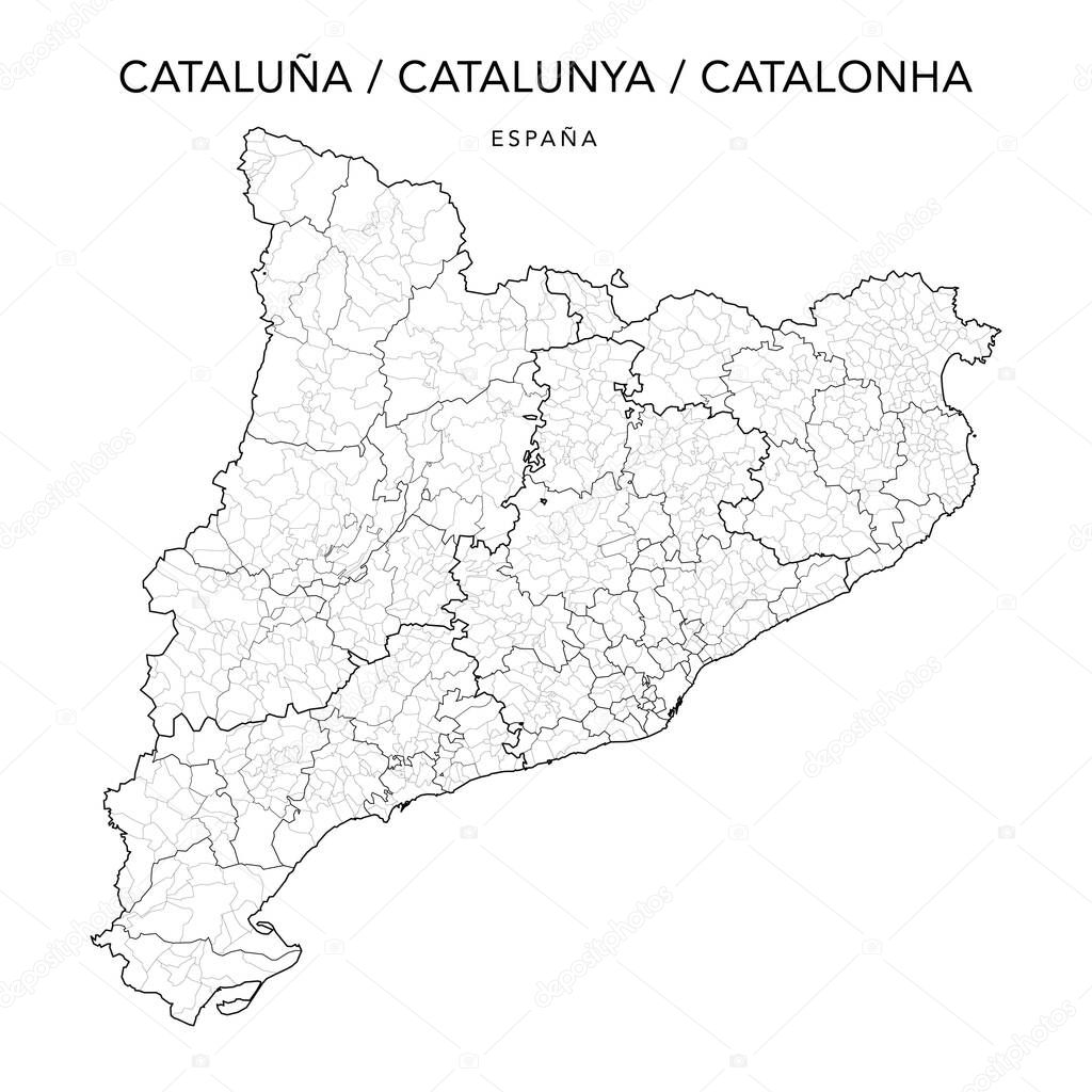 Geopolitical Vector Map of the Autonomous Community of Catalonia (Cataluna/Catalunya/Catalonha) with Provinces (Provincias), Judicial Areas (Partidos Judiciales), Comarques (Comarcas) and Municipalities (Municipios) as of 2022 - Spain
