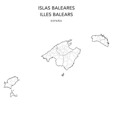 Geopolitical Vector Map of the Autonomous Community of the Balearic Islands (Islas Baleares or Illes Balears) with Judicial Areas (Partidos Judiciales) and Municipalities (Municipios) as of 2022 - Spain