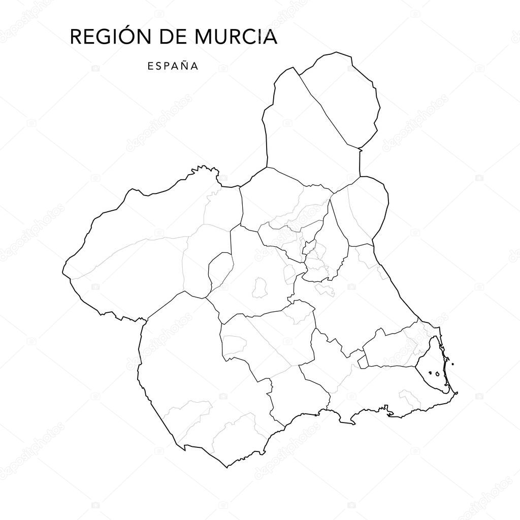 Geopolitical Vector Map of the Region of Murcia with Judicial Areas (Partidos Judiciales), Comarques (Comarcas) and Municipalities (Municipios) as of 2022 - Spain