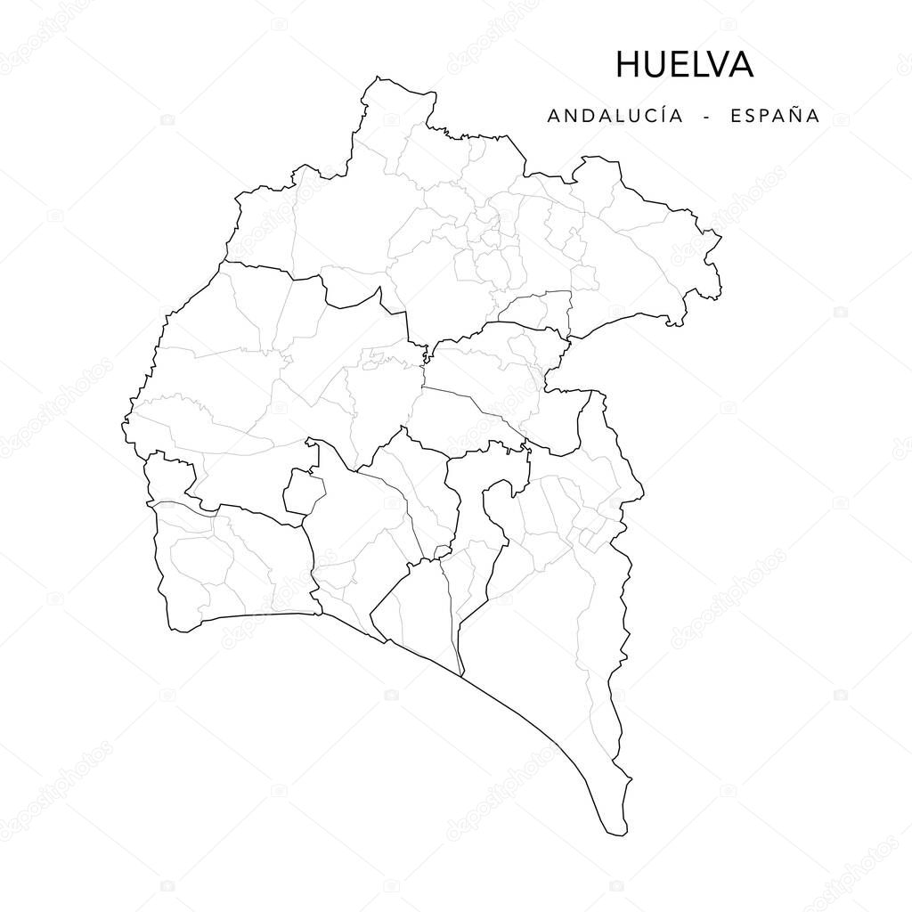 Geopolitical Vector Map of the Province of Huelva (Andalusia) with Jurisdictions (Partidos Judiciales), Comarques (Comarcas) and Municipalities (Municipios) as of 2022 - Spain