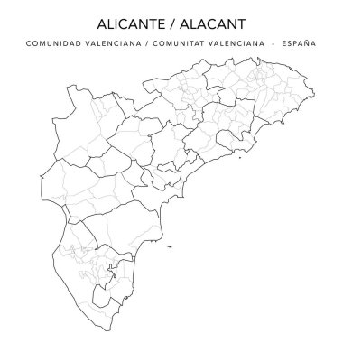 Administrative Map of the Province of Alicante (Valencian Community) with Jurisdictions (Partidos Judiciales), Comarques (Comarcas) and Municipalities (Municipios) as of 2022 - Spain - Vector Map