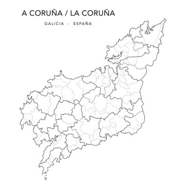 Administrative Map of the Province of A Coruna (Galicia) with Cormarques (Comarcas), Jurisdictions (Partidos Judiciales) and Municipalities (Municipios) as of 2022 - Spain - Vector Map
