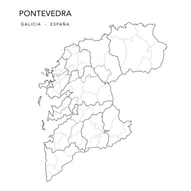 Administrative Map of the Province of Pontevedra (Galicia) with Cormarques (Comarcas), Jurisdictions (Partidos Judiciales) and Municipalities (Municipios) as of 2022 - Spain - Vector Map
