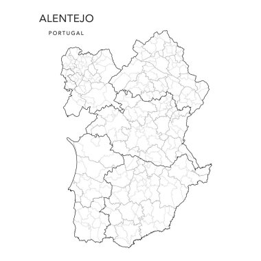 Alentejo Bölgesi İdari Haritası Belediyeler Arası Topluluklar (Comunidades Intermunicipais), İlçeler (Districtos) ve Sivil Bölgeler (Freguesias) 2022 - Portekiz - Vector Haritası