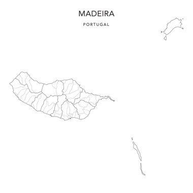 Madeira Özerk Bölgesi İdari Haritası Belediyeler (Concelhos) ve Sivil Bölgeler (Freguesias) 2022 - Portekiz - Vektör Haritası