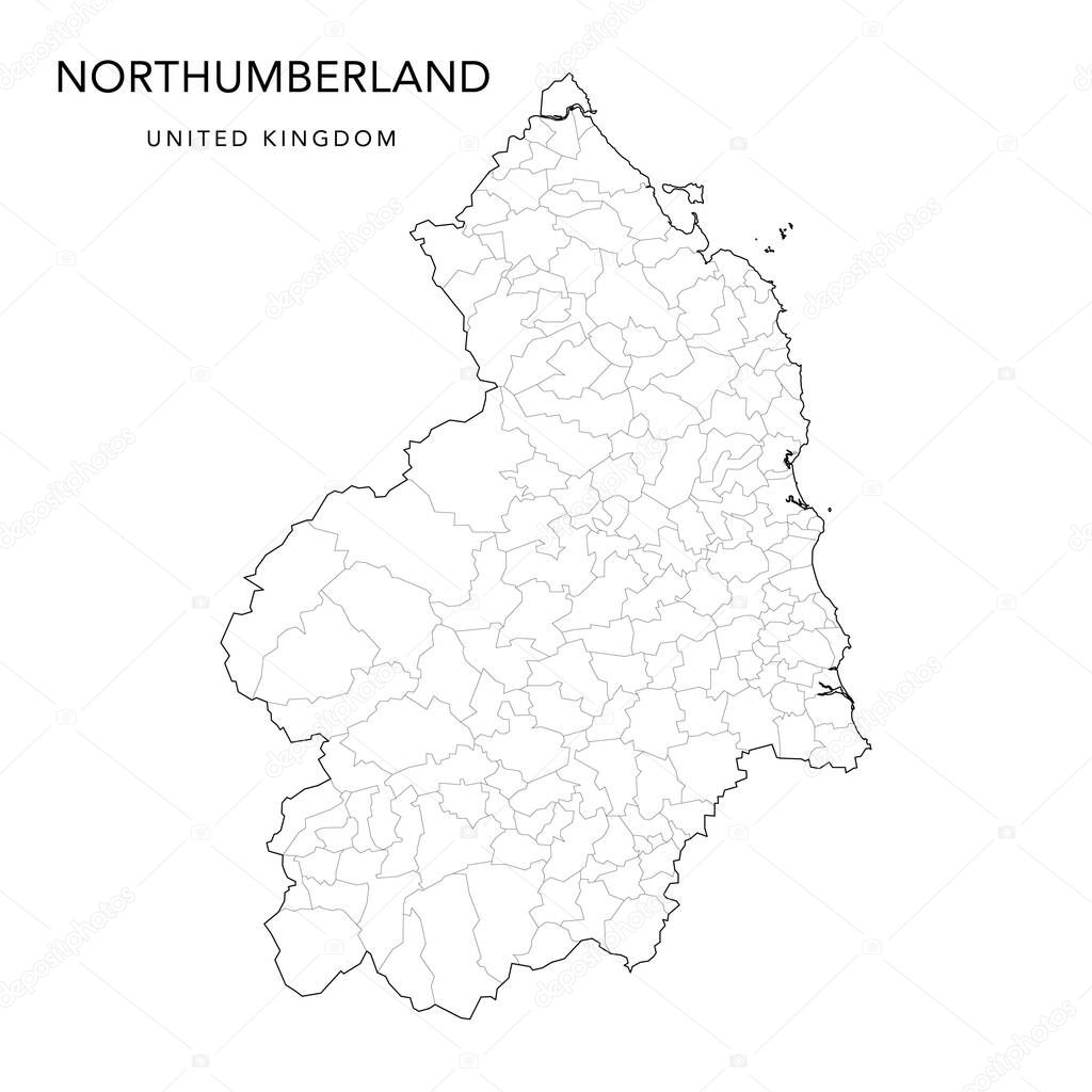 Mapa administrativo de Northumberland con parroquias del condado y