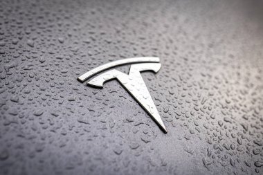 Tesla logosu yakın plan yağmur damlaları olan bir arabada.