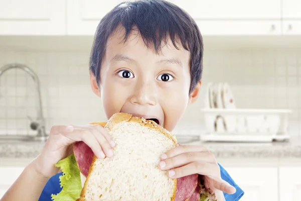 Menino comer delicioso sanduíche — Fotografia de Stock