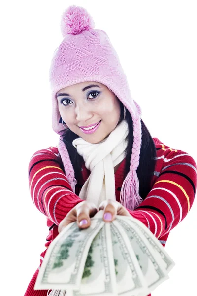 Módní žena s penězi — Stock fotografie