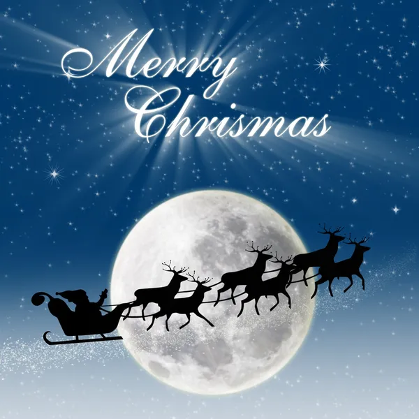 圣诞贺卡设计圣诞老人骑鹿在满月之夜蓝 — 图库照片