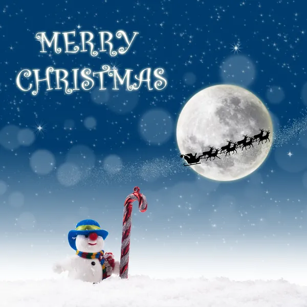 Christmas card design with snowman and candy cane under full moon — Stock Photo, Image