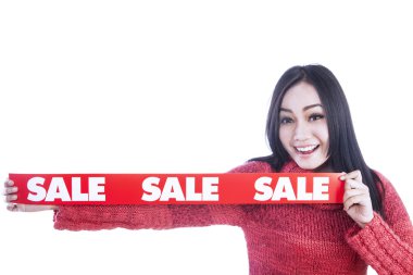 Satış afiş tutun-beyaz izole kız tarafından