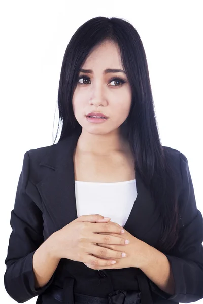 Afraid businesswoman isolated in white — Stock Photo, Image