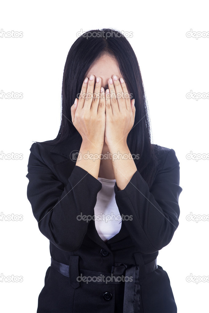 Businesswoman cover face isolated in white