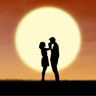 Romantik Çift kadar tarafından günbatımı siluet kapatın