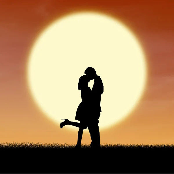 Meisje kiss kerel op valentine zonsondergang silhouet — Stockfoto