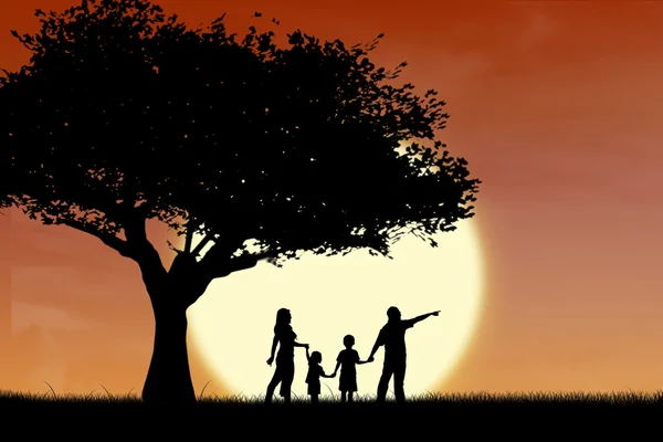 Familie en Boom silhouet door zonsondergang — Stockfoto