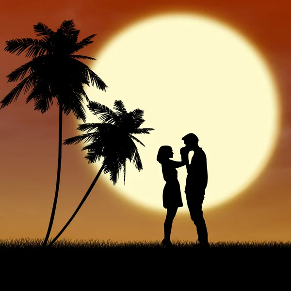 Fille et mec en amour par coucher de soleil silhouette — Photo