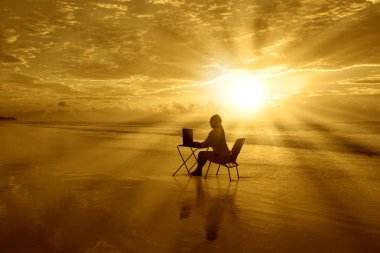Картина, постер, плакат, фотообои "девушка с ноутбуком на закате на пляже
", артикул 17005989