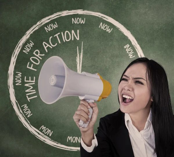 Businesswoman scream using speaker — Stock Photo, Image