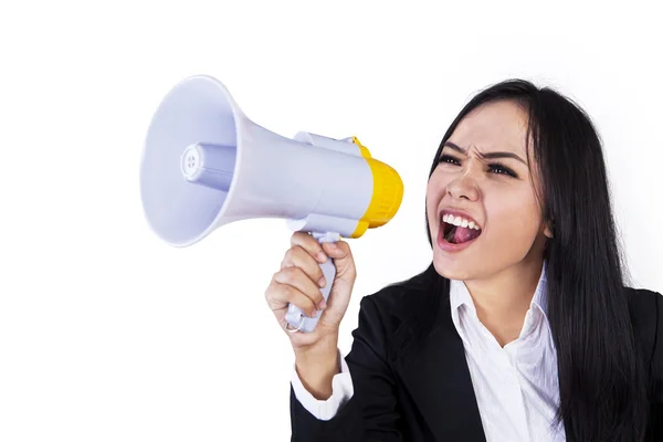 Mulher de negócios com megafone — Fotografia de Stock