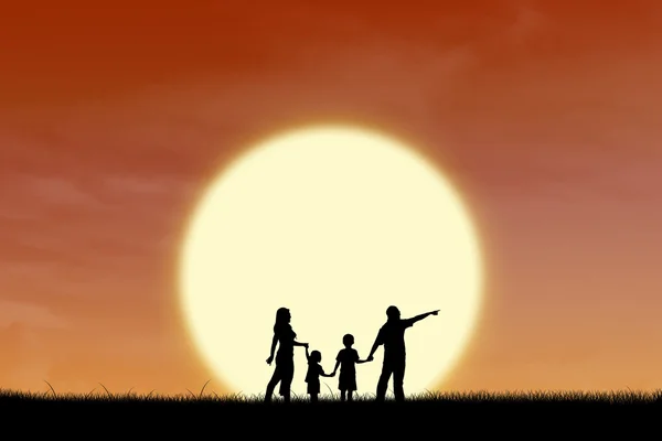 Gelukkige familie op zonsondergang silhouet — Stockfoto