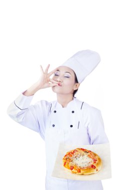 Asya Şef hizmet lezzetli pizza üzerine beyaz