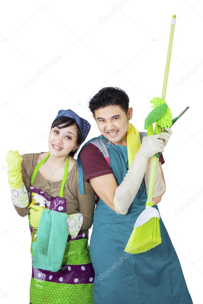 Couple hold cleaning tool on white