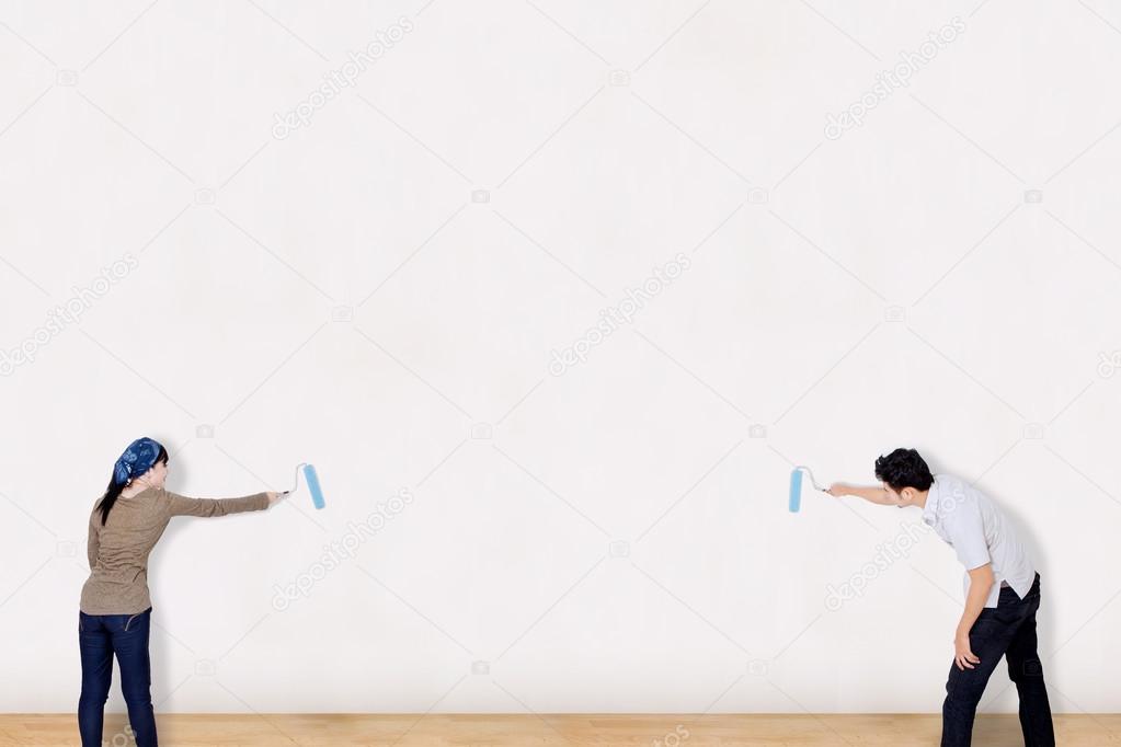 Asian couple paint on white background