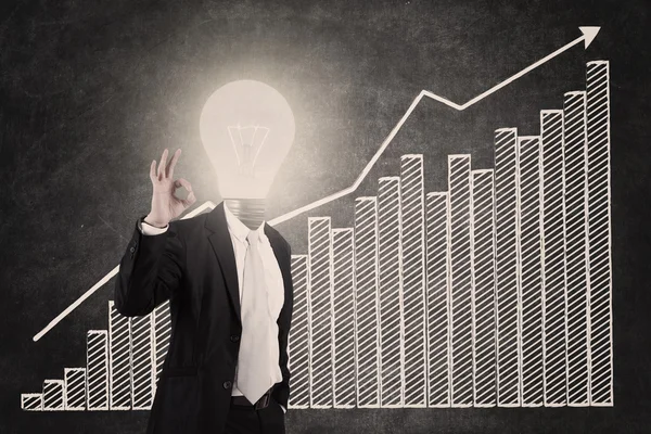 Profitable bar chart with lightbulb head man — Stock Photo, Image