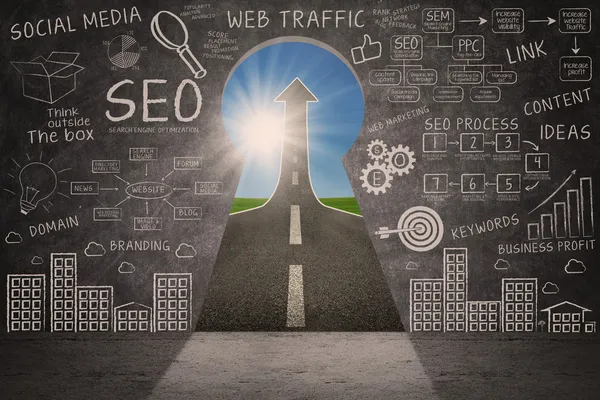 Bedrijf seo doodle op blackboard met succes road — Stockfoto