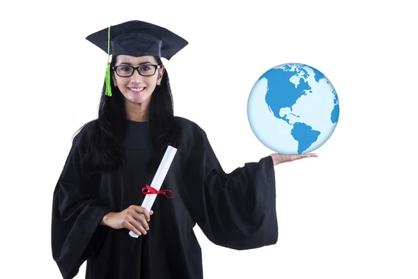 Attractive woman hold globe and certificate on white — Stock Photo, Image