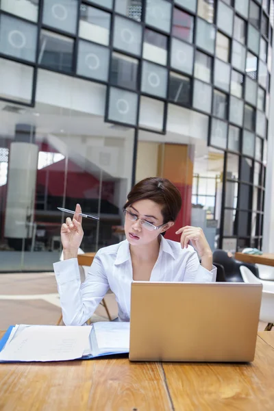 Aantrekkelijke zakenvrouw werken met laptop in café — Stockfoto