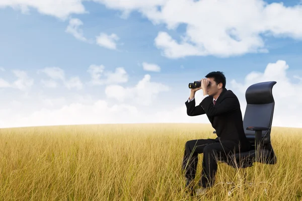 Affärsman med kikare på vete fält — Stockfoto