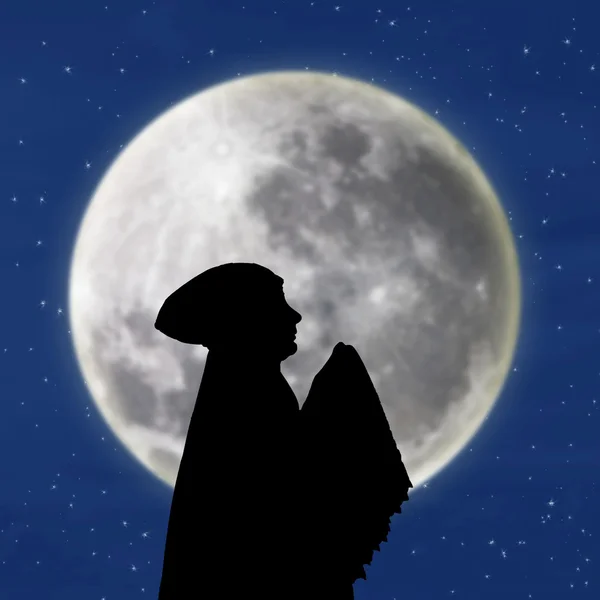 Женщина-мусульманин молится под синей луной — стоковое фото