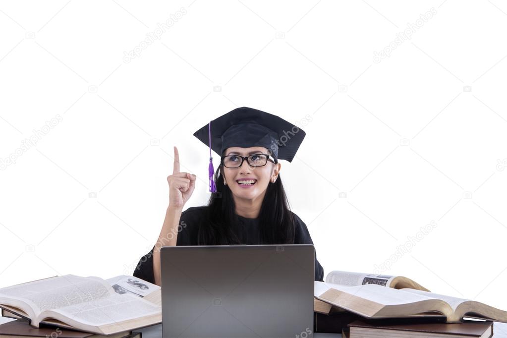Happy female graduate has idea - isolated