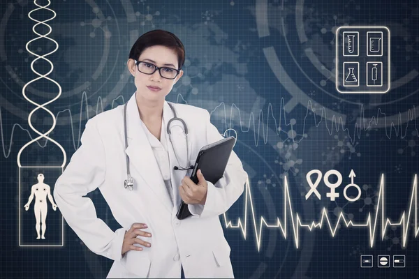 Jistý ženský lékař na digitální pozadí — Stock fotografie