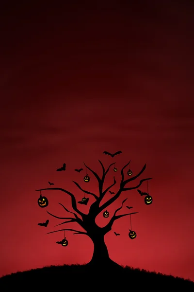Halloween pumpa träd bakgrund på röd — Stockfoto