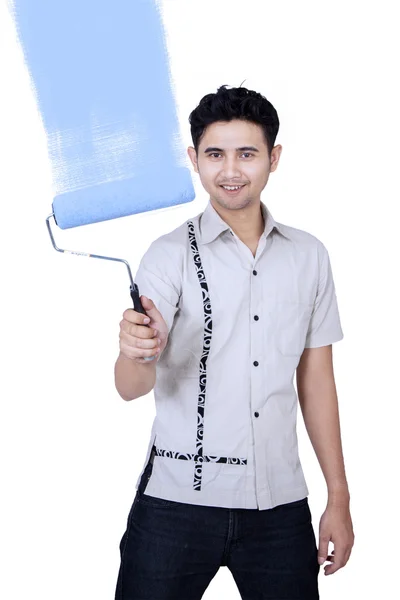 Asian guy paint blue color - isolated — Stock Photo, Image