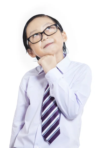 Little businessman looking up on white — Stock Photo, Image