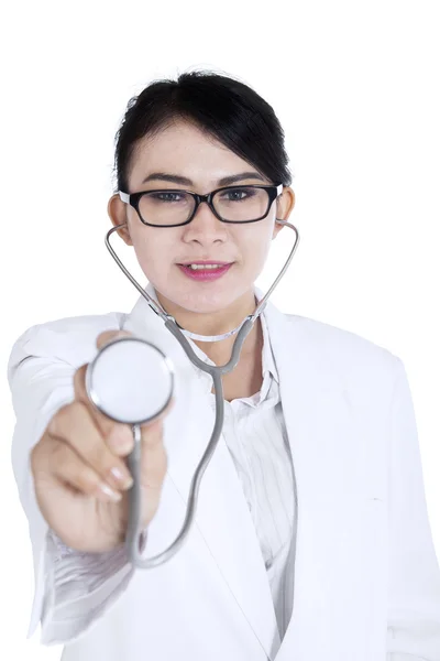 Beautiful doctor with stethoscope on white — Stock Photo, Image