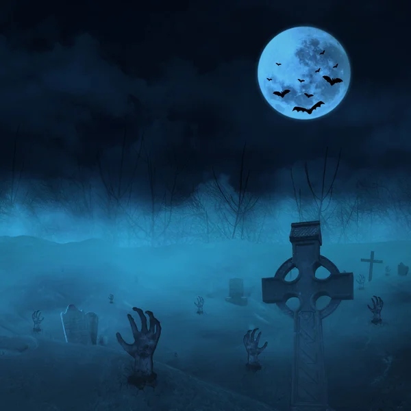 Cemetery with zombies and gravestones — Stock Photo, Image