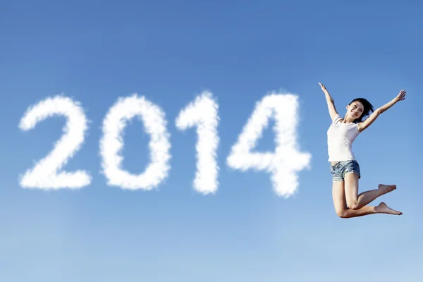 Girl jump announce Happy New year — Stock Photo, Image