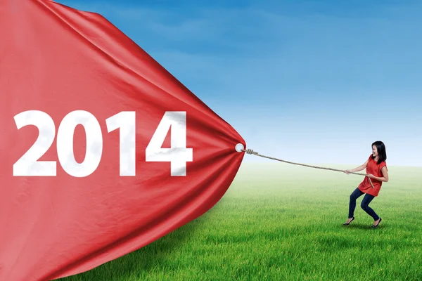 Woman pull new year of 2014 on the meadow — Stock Photo, Image