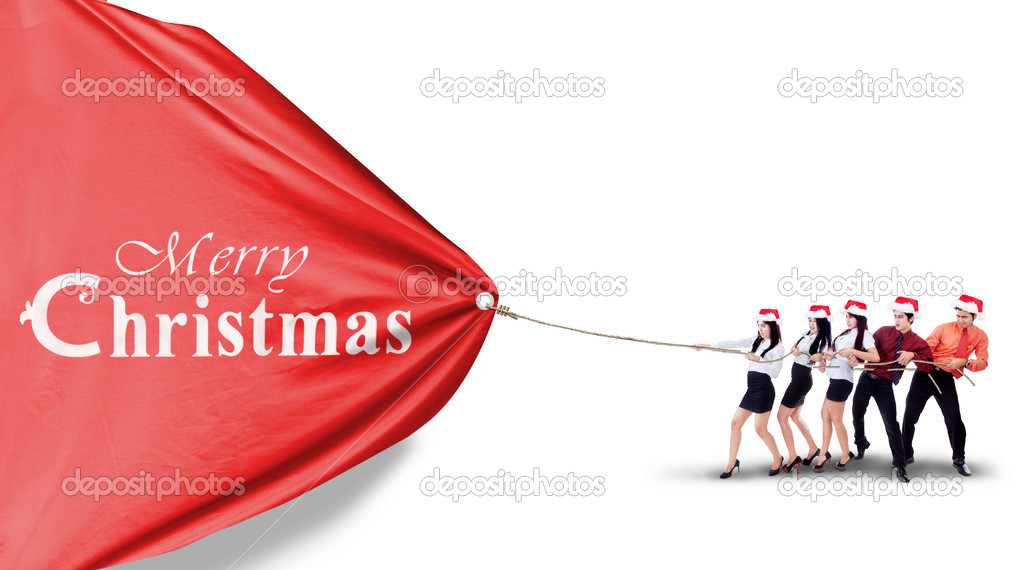 Businesspeople is pulling christmas banner isolated